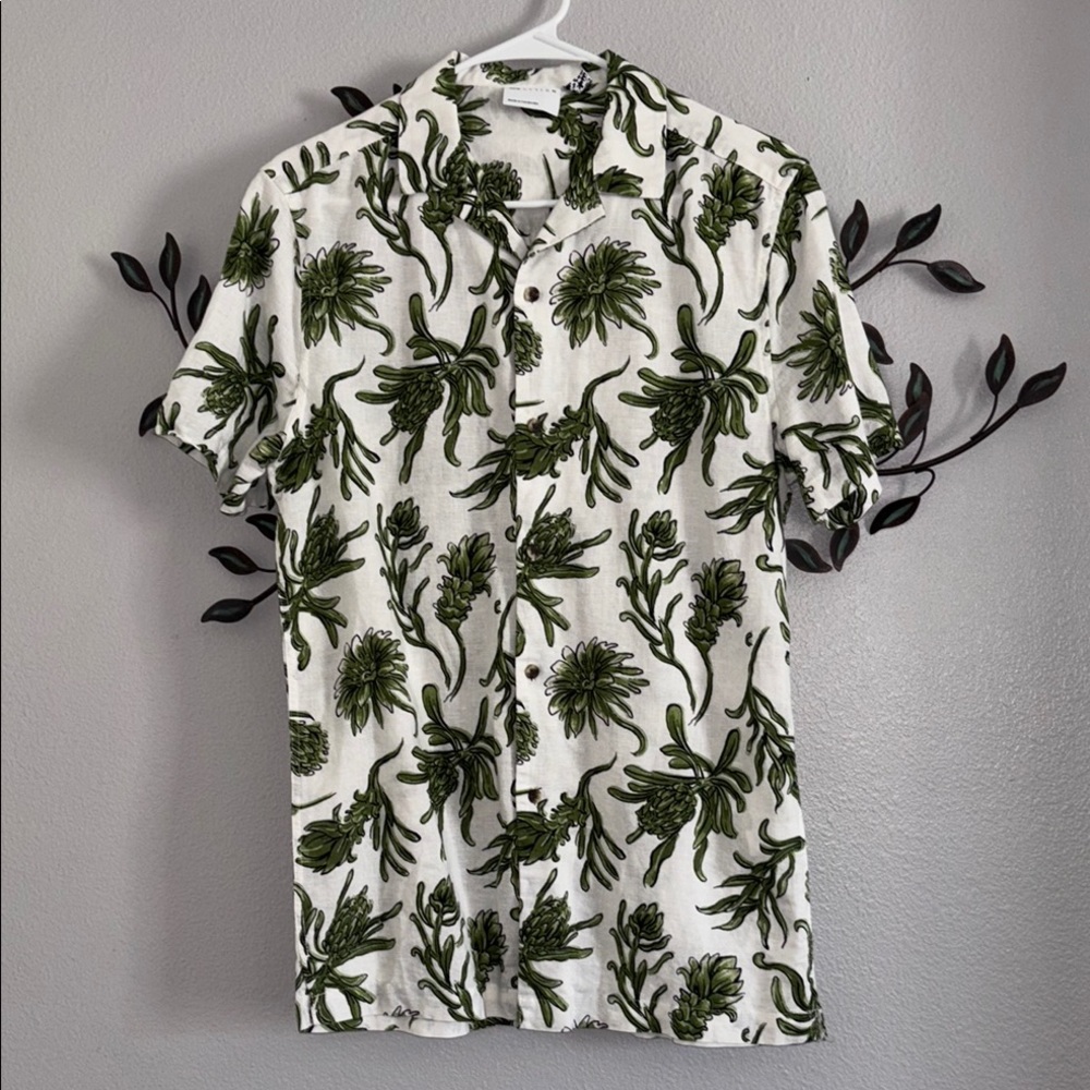 ASOS White Short Sleeve Button-Down Shirt with Green Botanical Print
